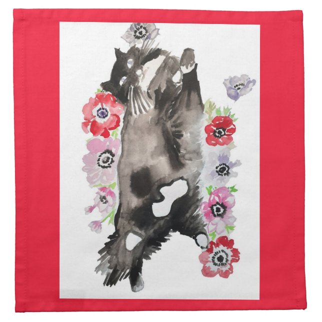 Tuxedo Cat Cute Pretty Flowers Cats Watercolor Cloth Napkin (Front)