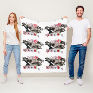 Tuxedo Cat Cute Pretty Flowers Cats Watercolor Fleece Blanket