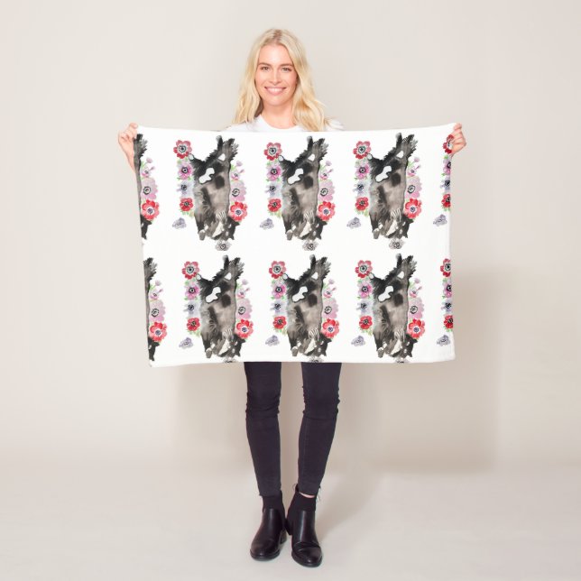 Tuxedo Cat Cute Pretty Flowers Cats Watercolor Fleece Blanket (In Situ)