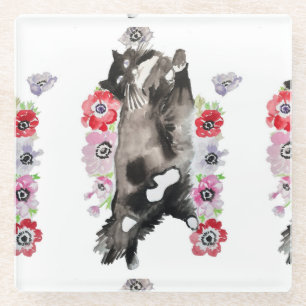 Tuxedo Cat Cute Pretty Flowers Cats Watercolor Glass Coaster