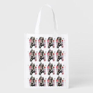Tuxedo Cat Cute Pretty Flowers Cats Watercolor Grocery Bag