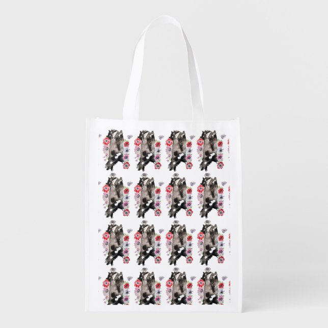 Tuxedo Cat Cute Pretty Flowers Cats Watercolor Grocery Bag (Front)