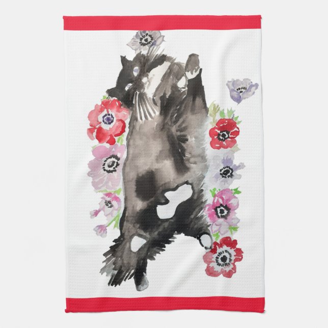 Tuxedo Cat Cute Pretty Flowers Cats Watercolor Kitchen Towel (Vertical)