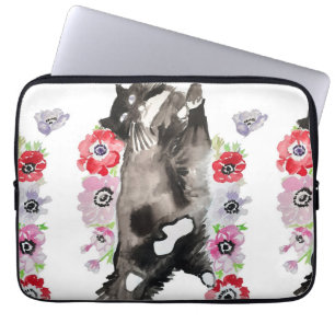 Tuxedo Cat Cute Pretty Flowers Cats Watercolor Laptop Sleeve
