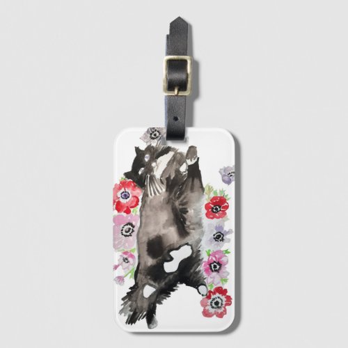Tuxedo Cat Cute Pretty Flowers Cats Watercolor Luggage Tag