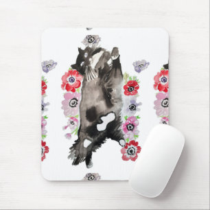 Tuxedo Cat Cute Pretty Flowers Cats Watercolor Mouse Pad