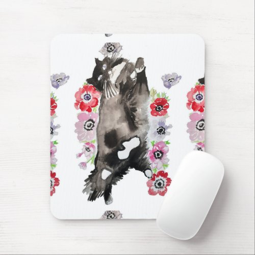 Tuxedo Cat Cute Pretty Flowers Cats Watercolor Mouse Pad