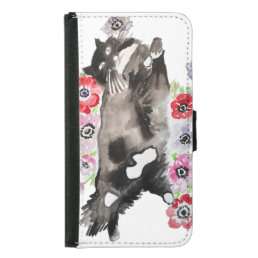 Tuxedo Cat Cute Pretty Flowers Cats Watercolor Samsung Galaxy S5 Wallet Case
