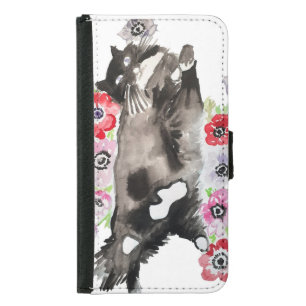 Tuxedo Cat Cute Pretty Flowers Cats Watercolor Samsung Galaxy S5 Wallet Case