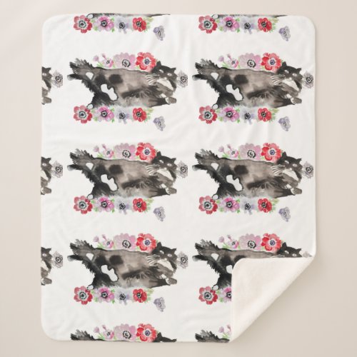 Tuxedo Cat Cute Pretty Flowers Cats Watercolor Sherpa Blanket