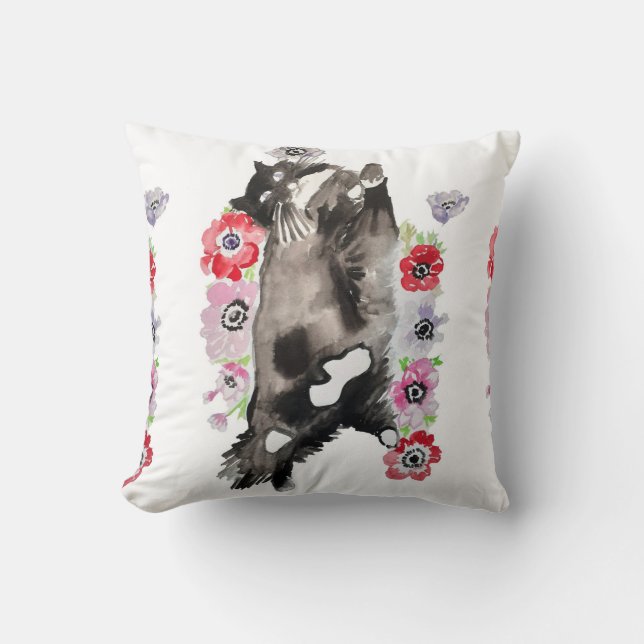Tuxedo Cat Cute Pretty Flowers Cats Watercolor Throw Pillow (Front)