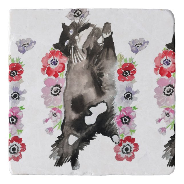 Tuxedo Cat Cute Pretty Flowers Cats Watercolor Trivet (Front)