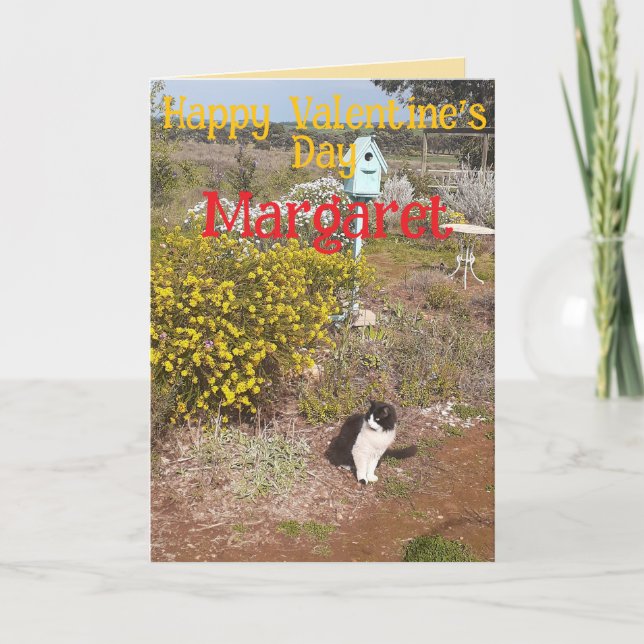 Tuxedo Cat Cute Red Yellow Valentines Wifes Name Card (Front)