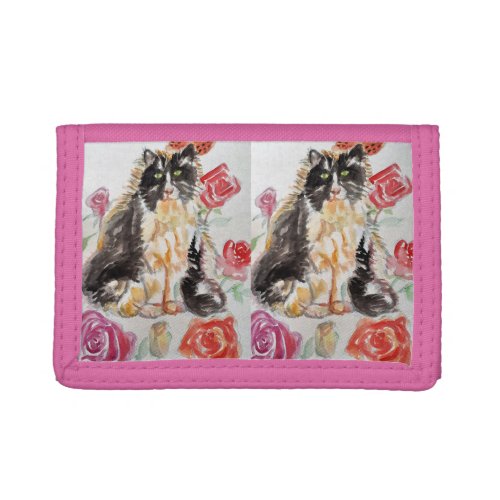 Tuxedo Cat Cute Roses Flowers Cats Girls Rose Trifold Wallet