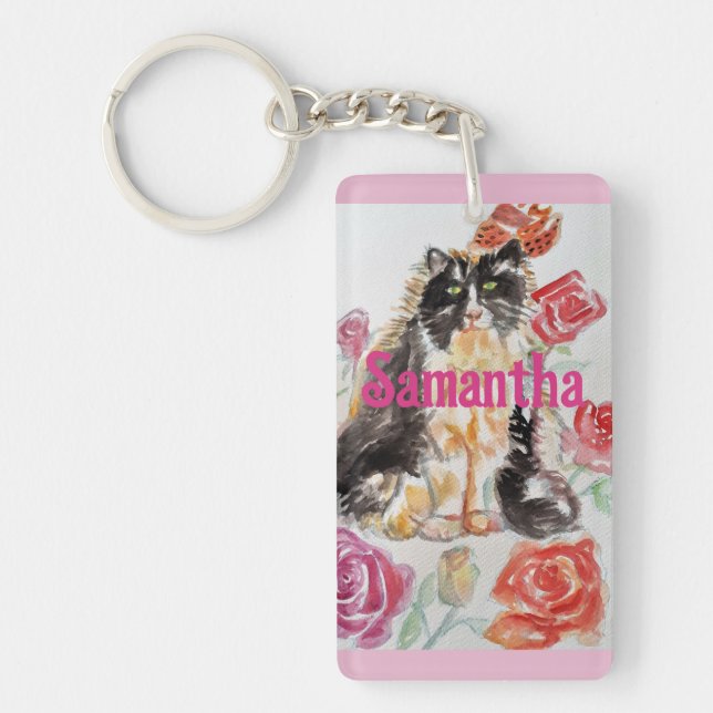 Tuxedo Cat Cute Roses Flowers Cats Name Rose Keychain (Front)