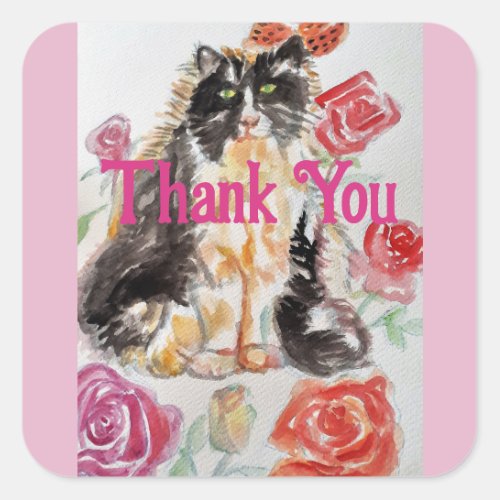 Tuxedo Cat Cute Roses Flowers Cats Thank You Rose Square Sticker