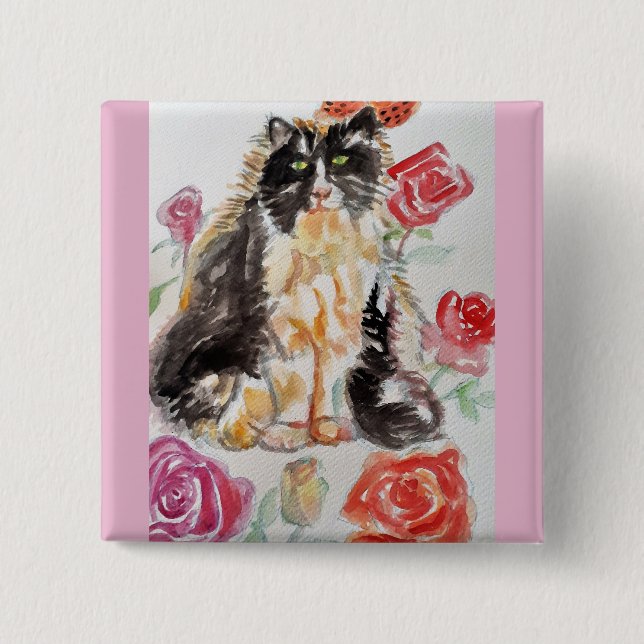 Tuxedo Cat Cute Roses Flowers Cats Watercolor Rose Button (Front)