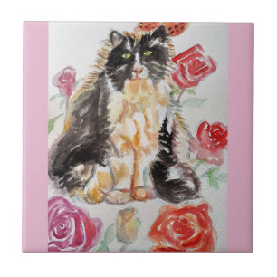 Tuxedo Cat Cute Roses Flowers Cats Watercolor Rose Ceramic Tile
