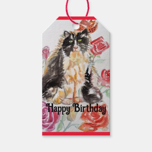 Tuxedo Cat Cute Roses Flowers Cats Watercolor Rose Gift Tags