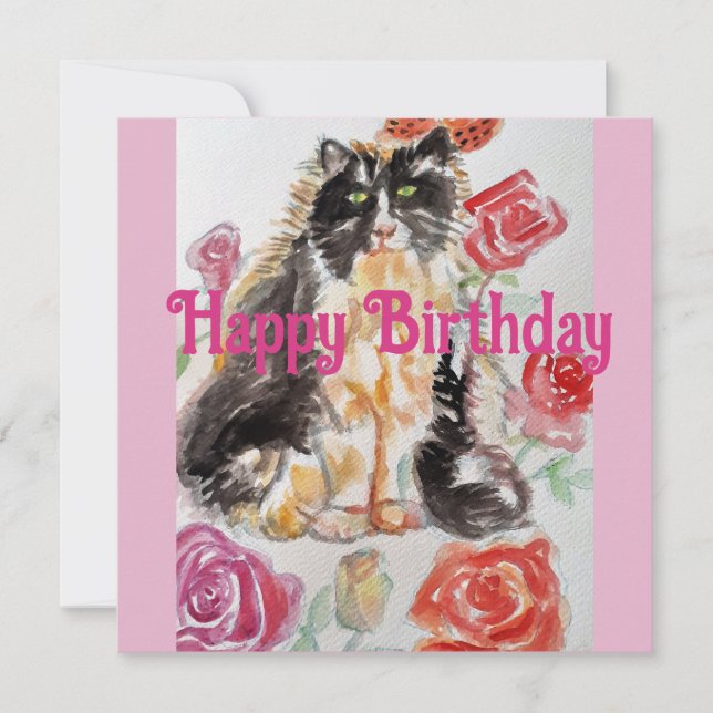 Tuxedo Cat Cute Roses Flowers Cats Watercolor Rose Invitation (Front)