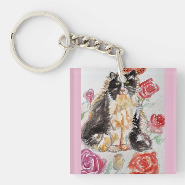 Tuxedo Cat Cute Roses Flowers Cats Watercolor Rose Keychain (Front)