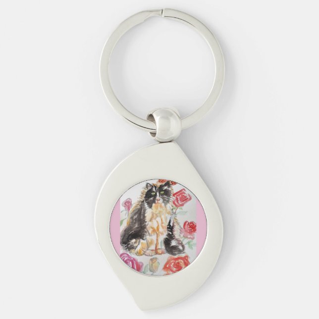 Tuxedo Cat Cute Roses Flowers Cats Watercolor Rose Keychain (Front)