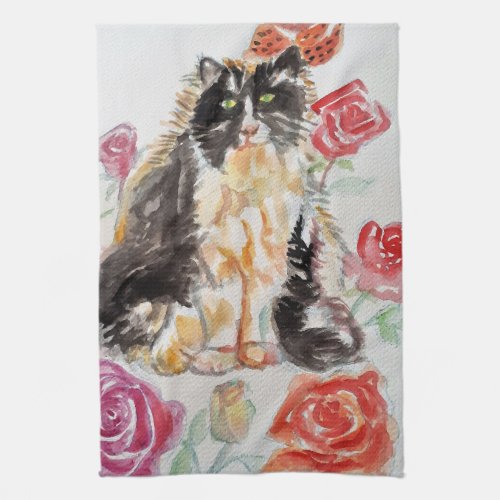 Tuxedo Cat Cute Roses Flowers Cats Watercolor Rose Kitchen Towel