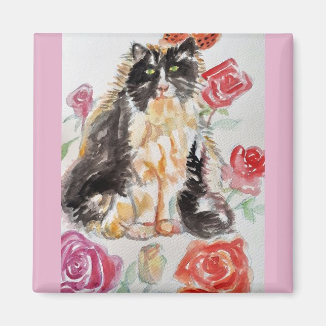 Tuxedo Cat Cute Roses Flowers Cats Watercolor Rose Magnet (Front)