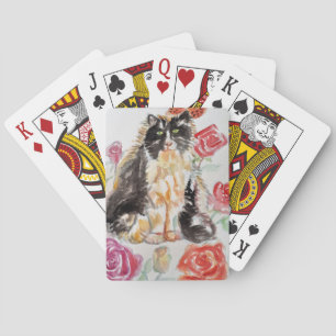 Tuxedo Cat Cute Roses Flowers Cats Watercolor Rose Poker Cards