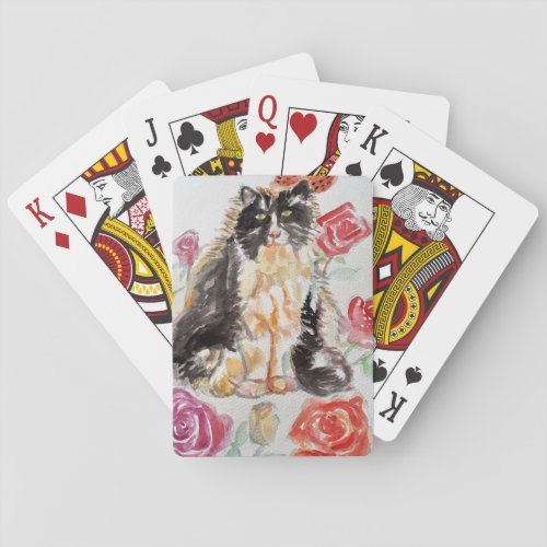 Tuxedo Cat Cute Roses Flowers Cats Watercolor Rose Poker Cards