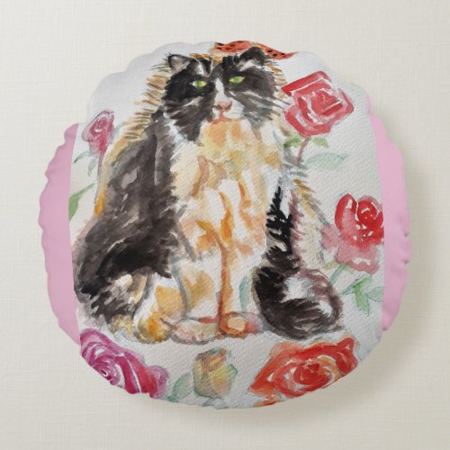 Tuxedo Cat Cute Roses Flowers Cats Watercolor Rose Round Pillow
