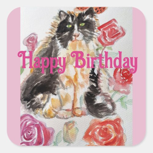 Tuxedo Cat Cute Roses Flowers Cats Watercolor Rose Square Sticker