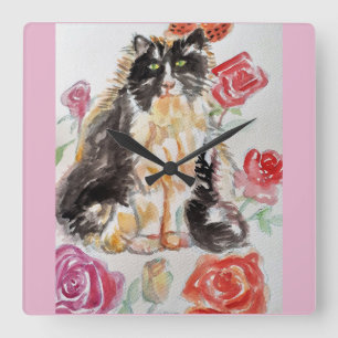 Tuxedo Cat Cute Roses Flowers Cats Watercolor Rose Square Wall Clock
