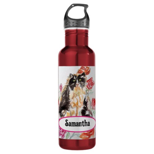 Tuxedo Cat Cute Roses Flowers Cats Watercolor Rose Stainless Steel Water Bottle