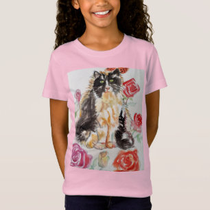 Tuxedo Cat Cute Roses Flowers Cats Watercolor Rose T-Shirt