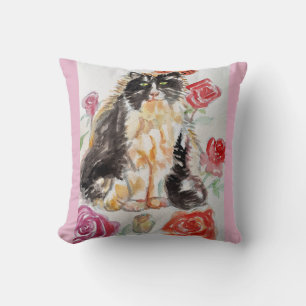 Tuxedo Cat Cute Roses Flowers Cats Watercolor Rose Throw Pillow