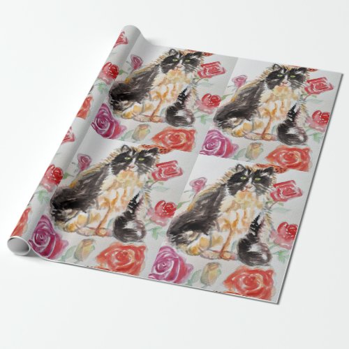 Tuxedo Cat Cute Roses Flowers Cats Watercolor Rose Wrapping Paper