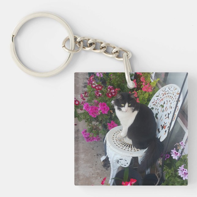 Tuxedo Cat Cute with Pretty Flowers Black Cats Keychain (Front)