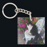 Tuxedo Cat Cute with Pretty Flowers Black Cats Keychain<br><div class="desc">Tuxedo Cat Cute with Pretty Flowers design. Designed from my all original photograph.</div>