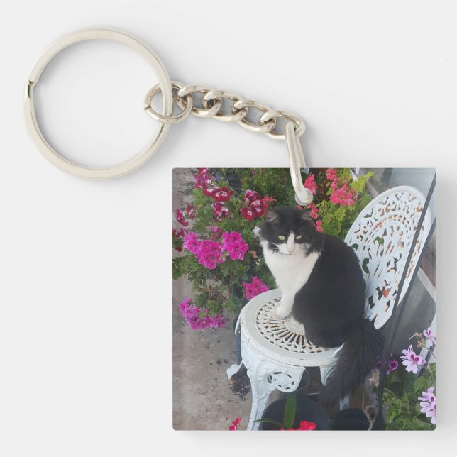 Tuxedo Cat Cute with Pretty Flowers Black Cats Keychain (Front)