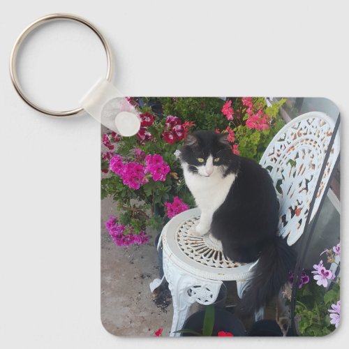 Tuxedo Cat Cute with Pretty Flowers Black Cats Keychain
