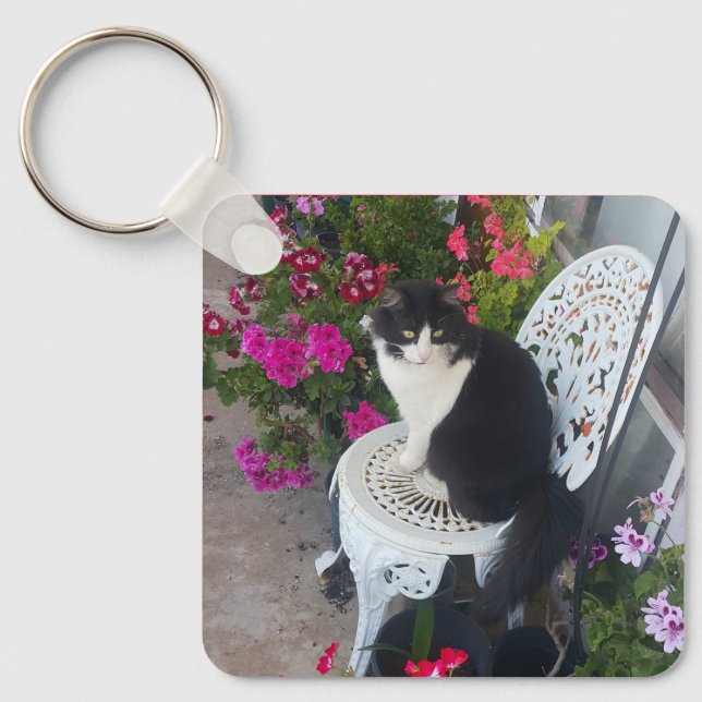 Tuxedo Cat Cute with Pretty Flowers Black Cats Keychain (Front)