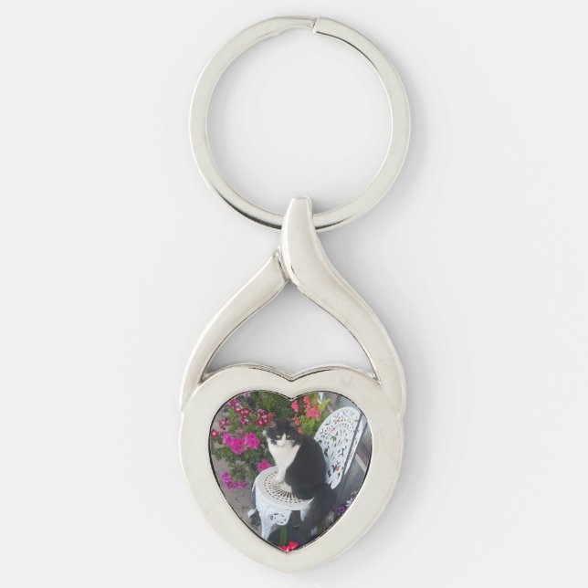 Tuxedo Cat Cute with Pretty Flowers Black Cats Keychain (Front)