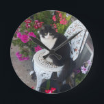 Tuxedo Cat Cute with Pretty Flowers Black Cats Round Clock<br><div class="desc">Tuxedo Cat Cute with Pretty Flowers design. Designed from my all original photograph.</div>