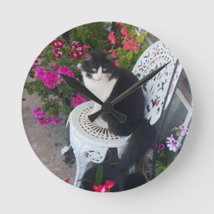 Tuxedo Cat Cute with Pretty Flowers Black Cats Round Clock