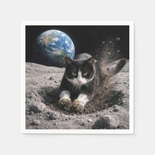 Tuxedo Cat Digging a Moon Crater Napkins