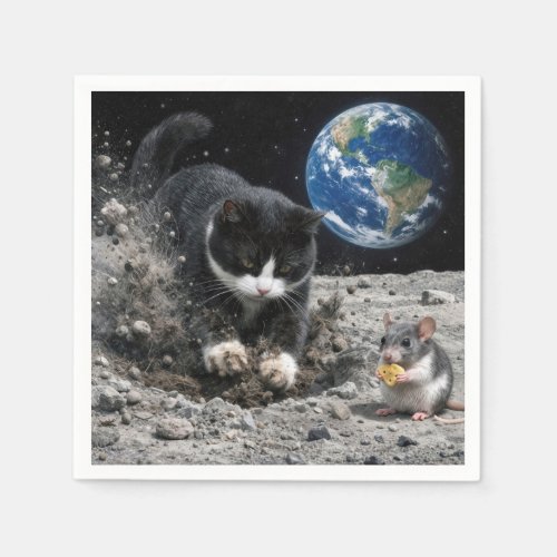 Tuxedo Cat Digging a Moon Crater with Mouse Napkins