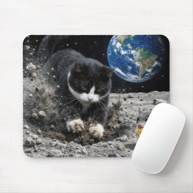 Tuxedo Cat Digging a Moon Crater with Mouse Pad (With Mouse)