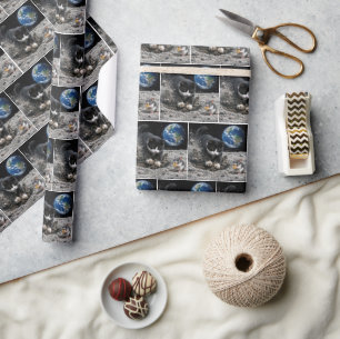 Tuxedo Cat Digging a Moon Crater with Mouse Wrapping Paper