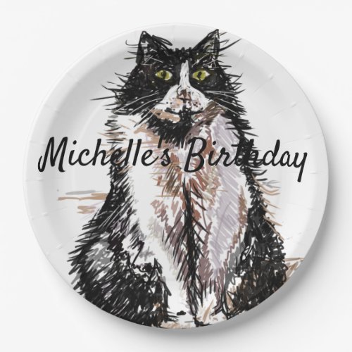 Tuxedo Cat Drawing art Birthday Party Paper Plate
